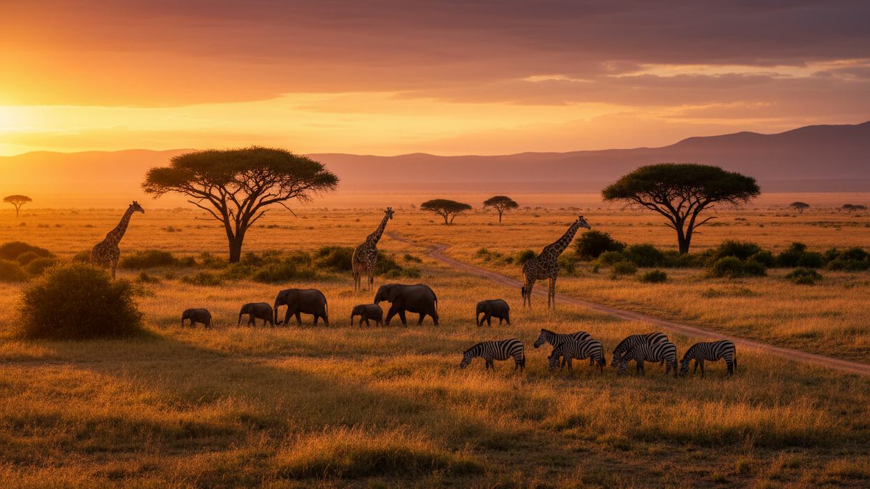 A background depicting an African safari. showing a sunset, some animals and trees in the bush. ideal for a tour website